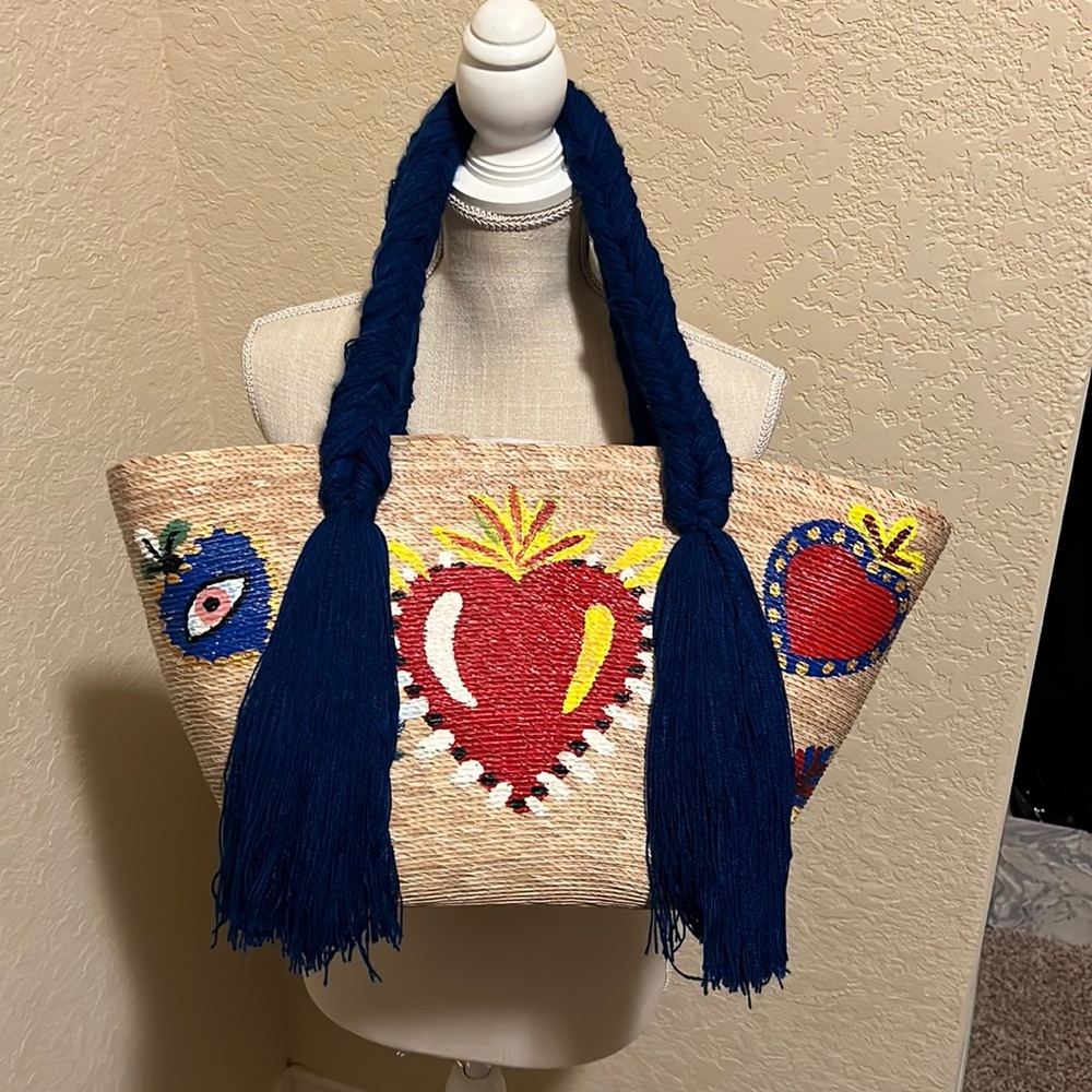 New Palm Leaves Summer Bag. Sacred heart hand painted. Bag handmade in Mexico.
